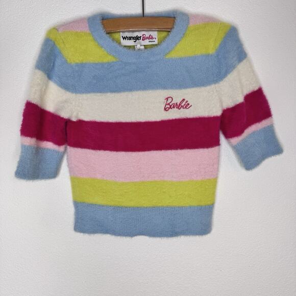 Wrangler Girls Barbie Fuzzy Striped Sweater Size XS Mattel Retro Pink Soft Girly - Picture 1 of 6